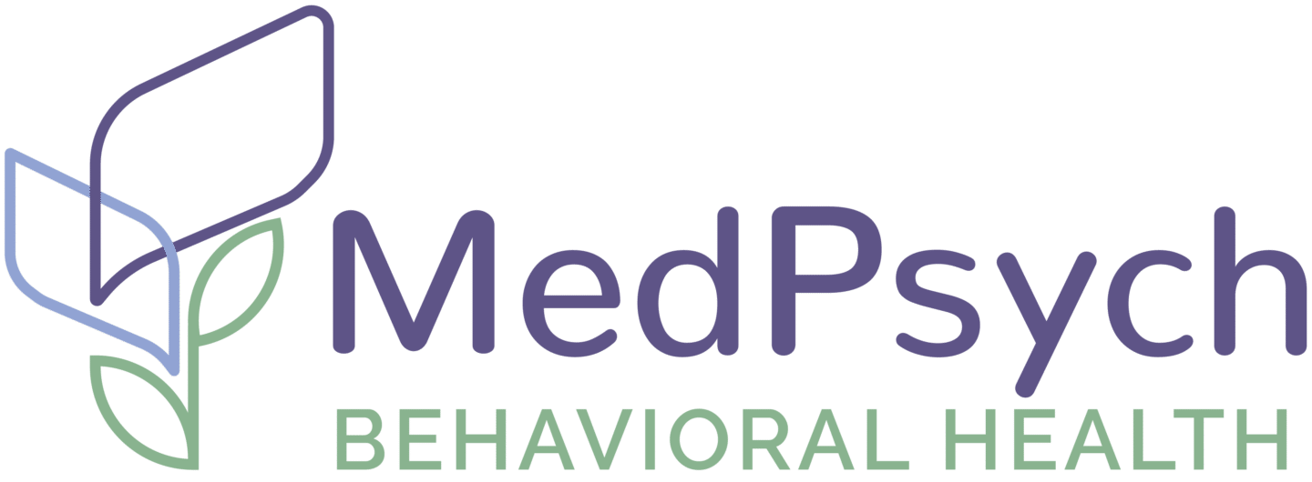 MedPsych Health logo featuring stylized leaves and text, representing compassionate mental health care services for families in Northern New Jersey.