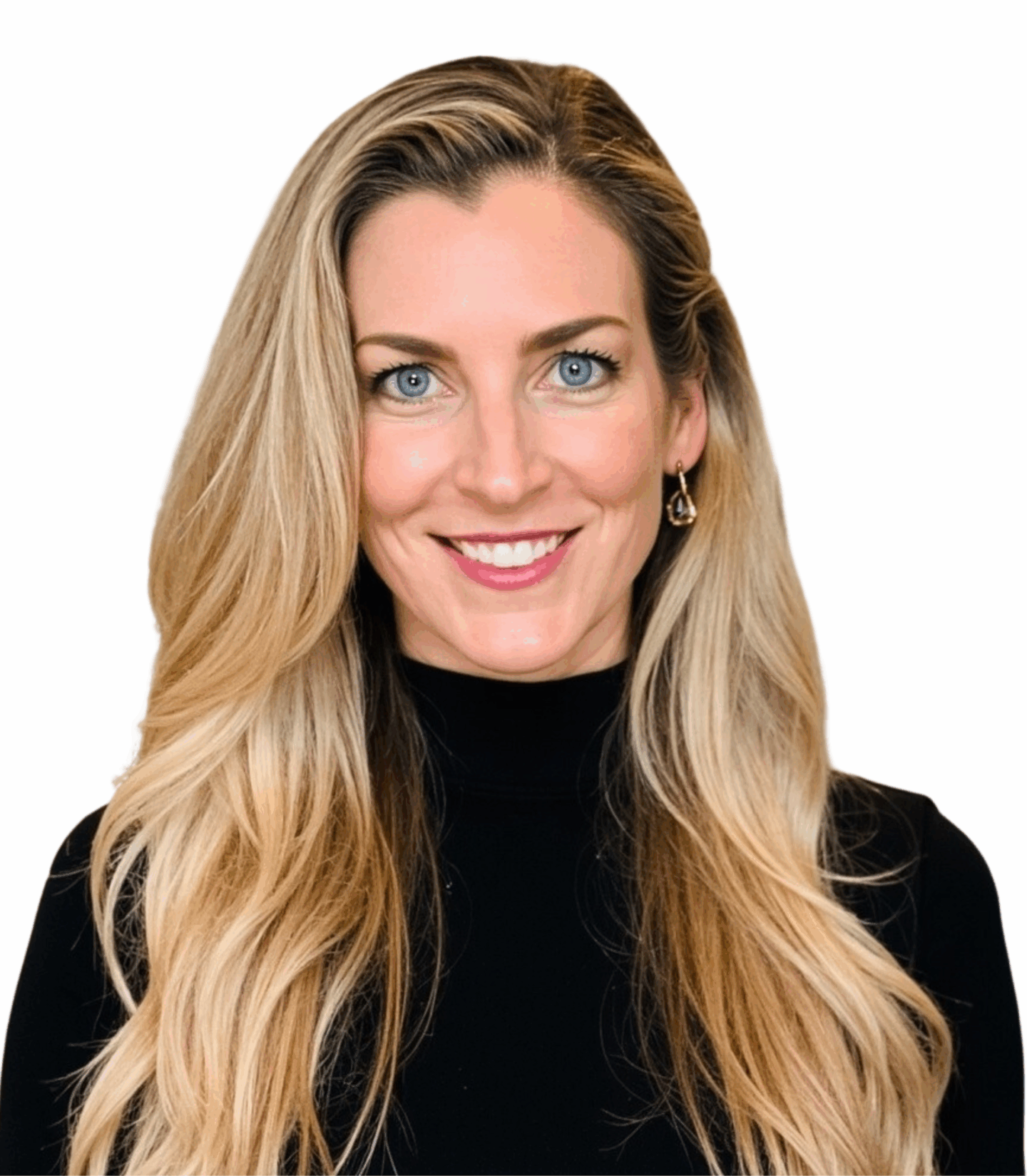 Carolyne Radigan, board-certified Psychiatric Nurse Practitioner, smiling with long blonde hair, wearing a black top, emphasizing her expertise in mental health and autism care.